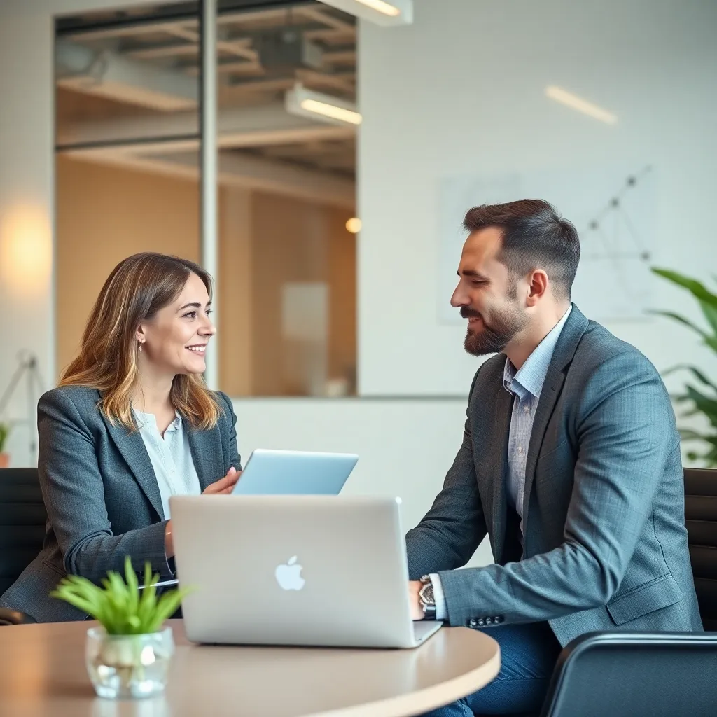 Beratungsgespräch zwischen einem Bildungsberater und einer Kundin in einem modernen Büro