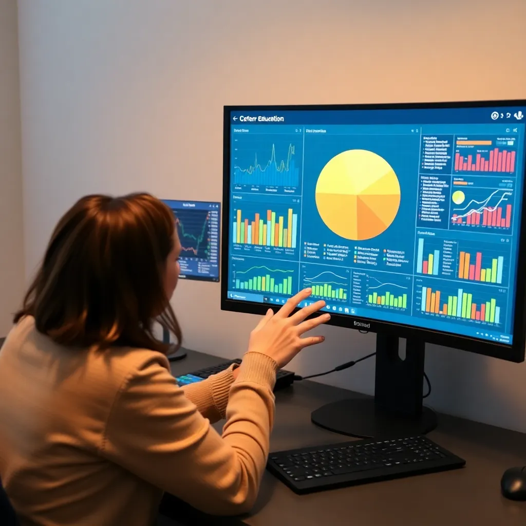 Person arbeitet an Datenvisualisierungen auf einem großen Monitor