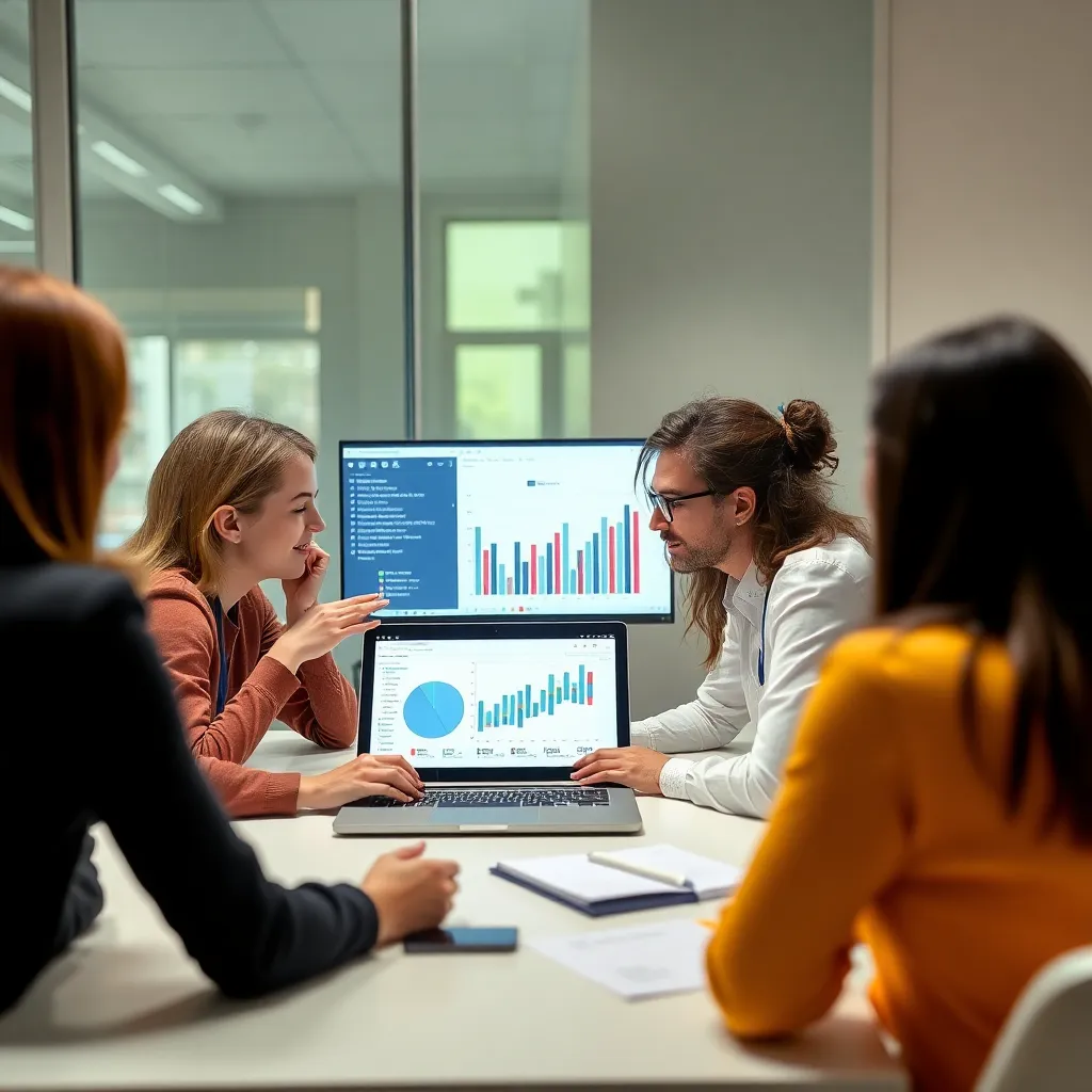 Teilnehmer arbeiten gemeinsam an einem Datenanalyse-Projekt mit virtuellen Werkzeugen