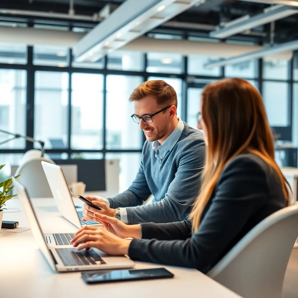 Professionelle in einem modernen Büro nutzen digitale Lernplattformen auf verschiedenen Geräten