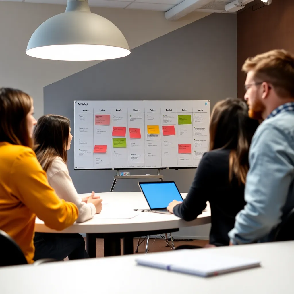 Ein Team bei der Durchführung eines agilen Sprint-Planungsmeetings mit Kanban-Board